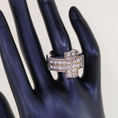 Sz 11.25, Vtg Sterling silver handmade ring, 925 silver Cross band W/ Crystal