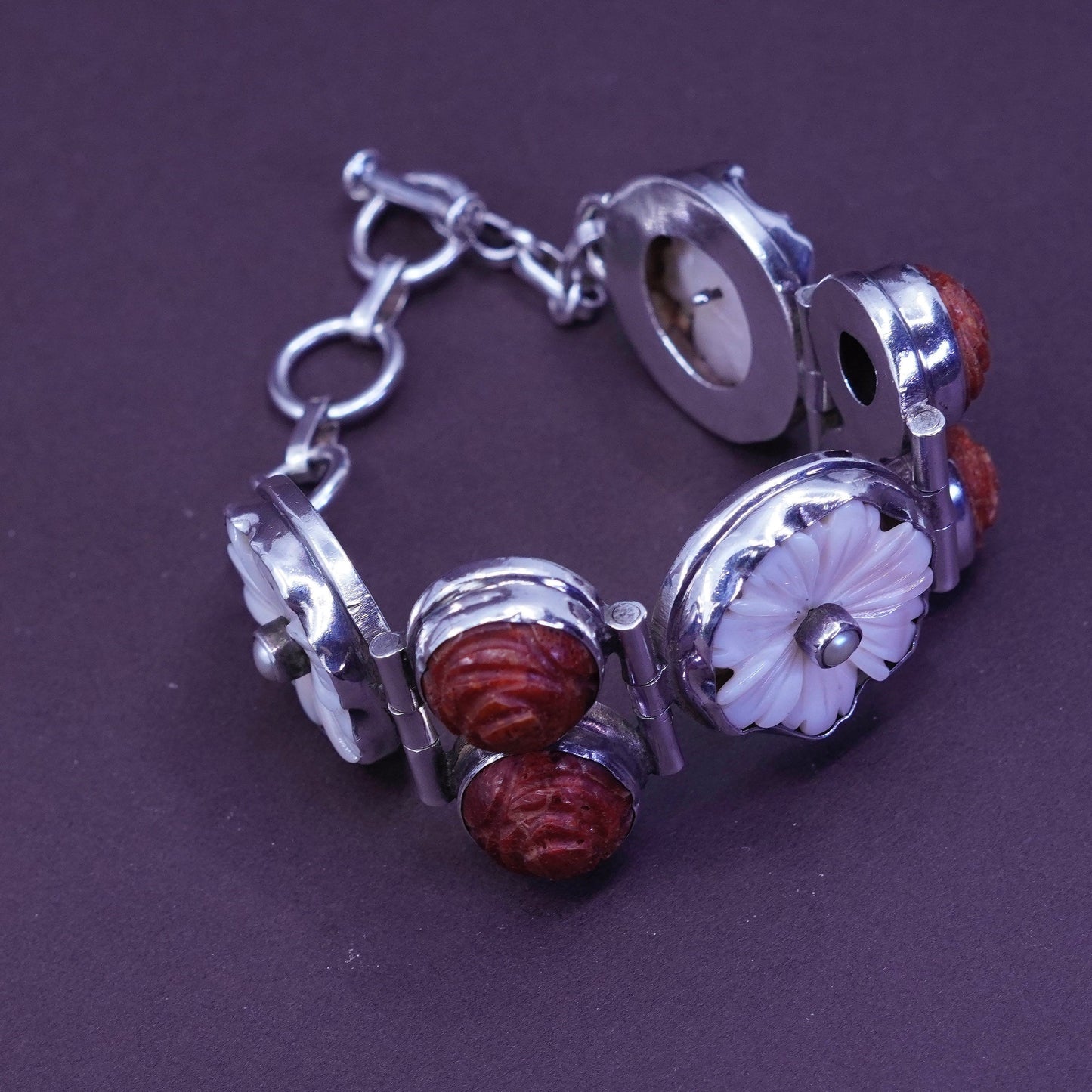 7+1”, Sterling silver handmade bracelet, 925 chain w/ coral and MOP flower