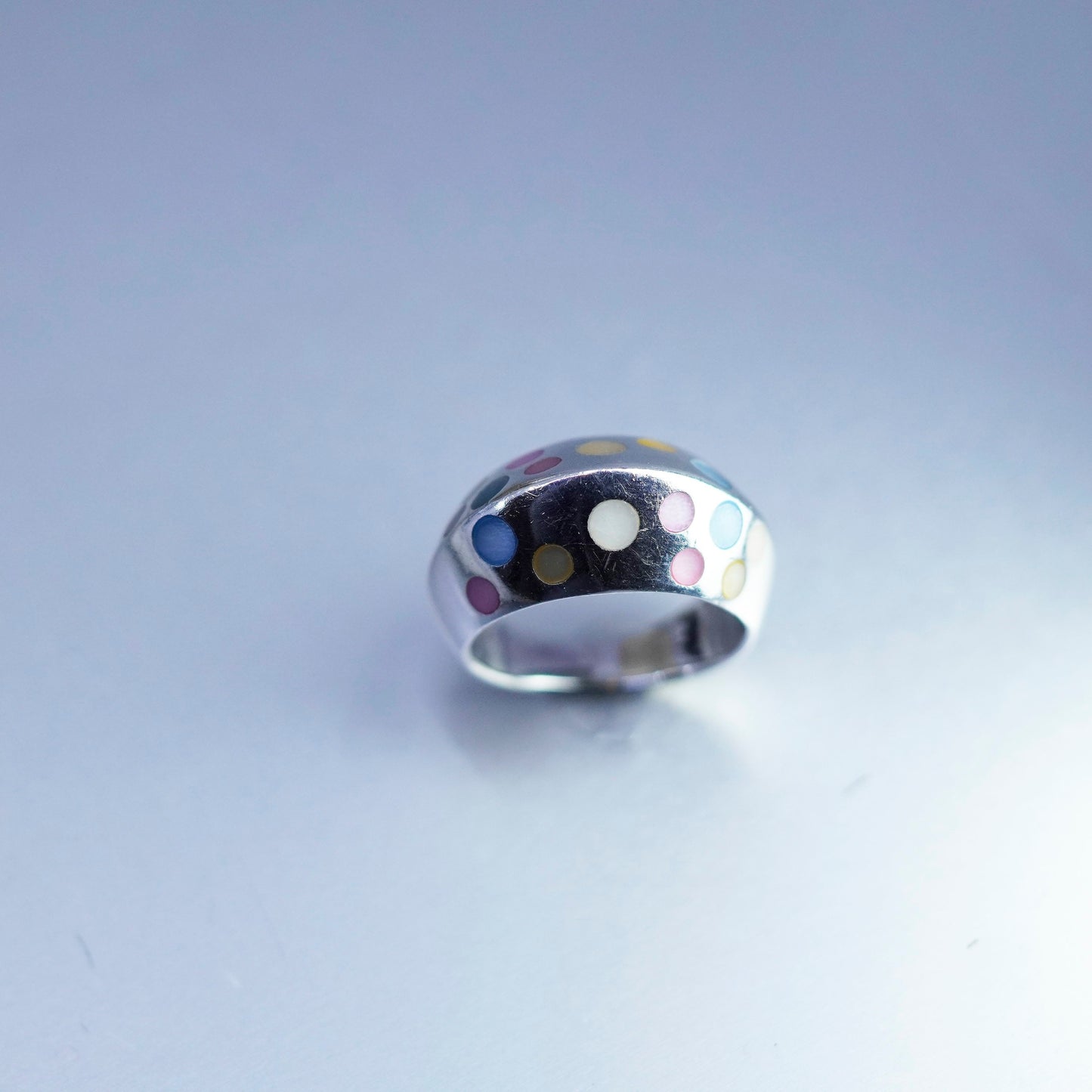 Size 7, vintage Sterling 925 silver handmade band ring w/ mother of pearl dots