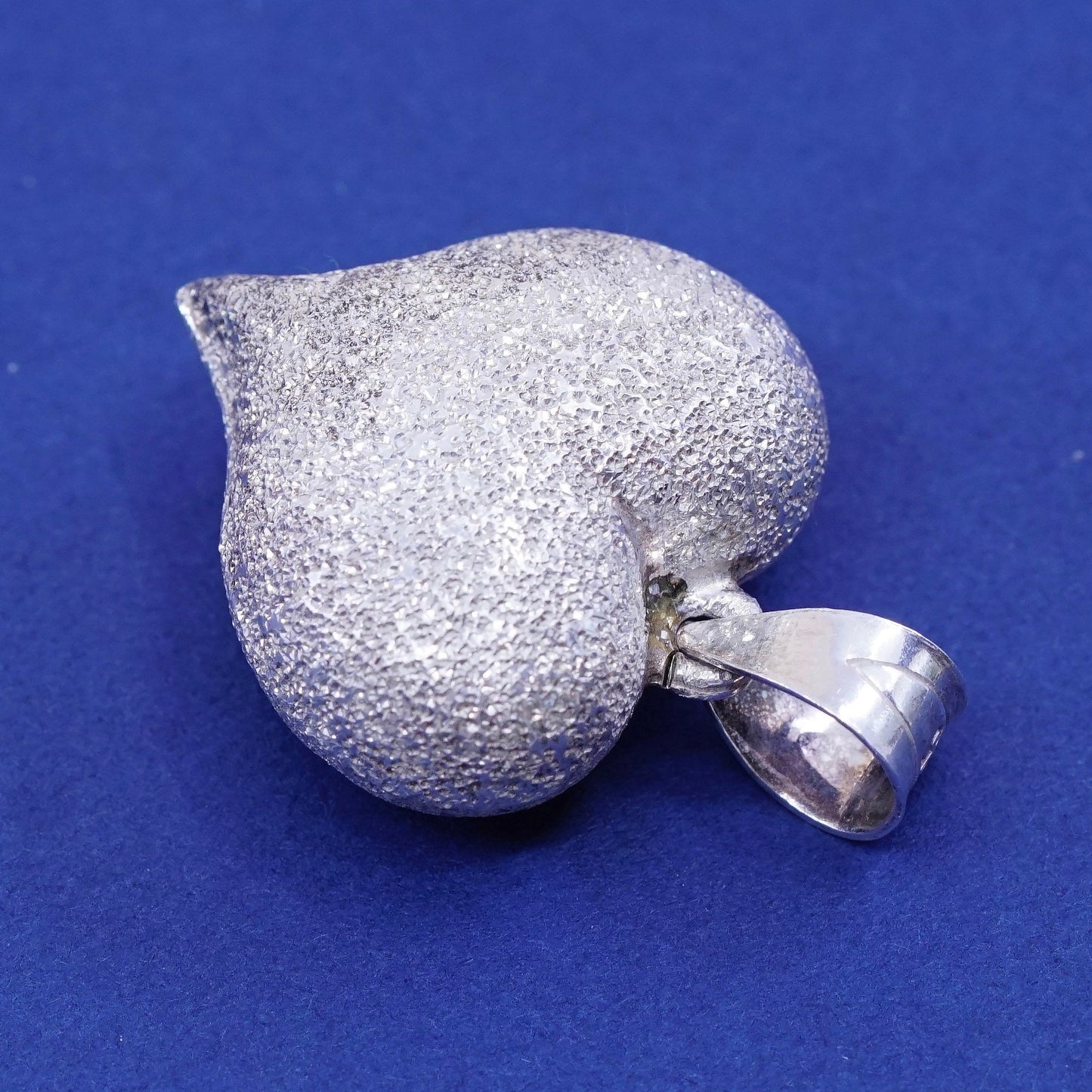 Vintage Sterling silver handmade pendant, glitter surface puffy 925 heart