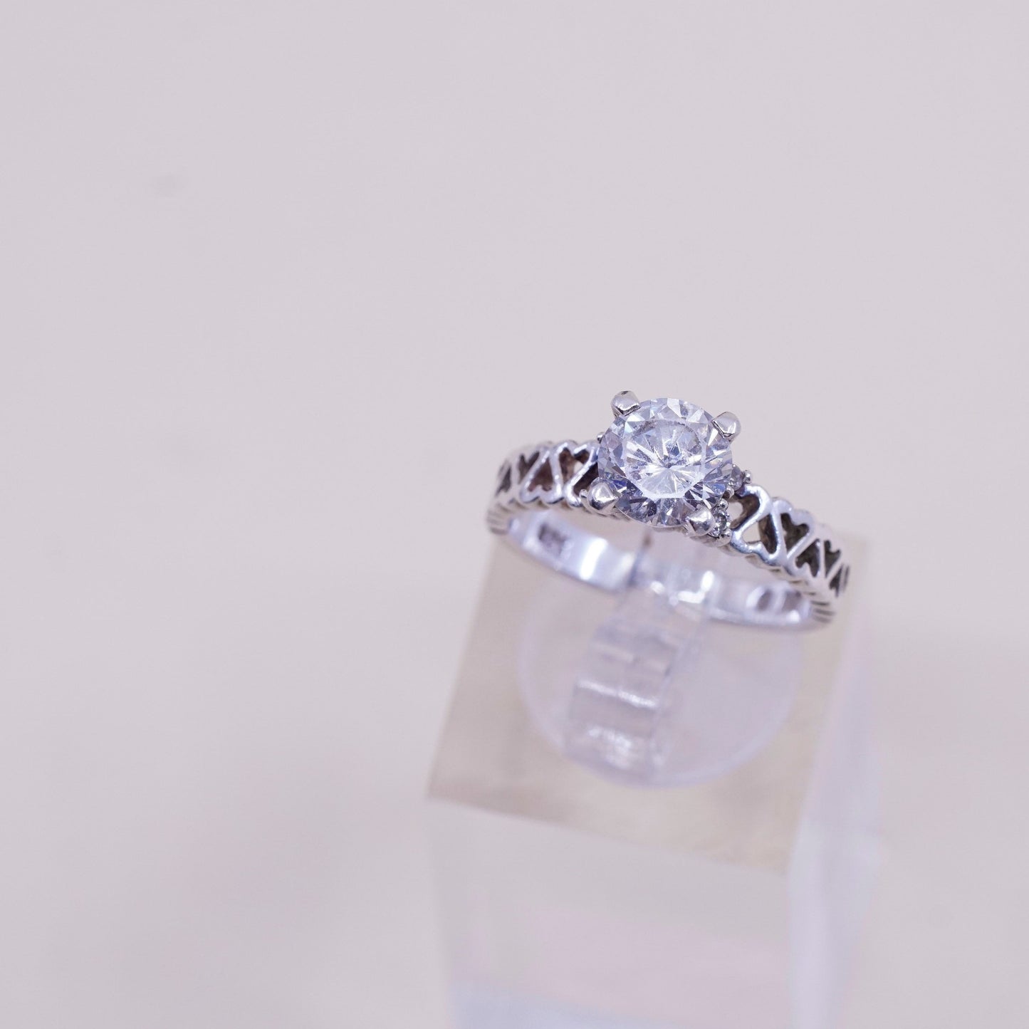 Size 6, vtg handmade Sterling 925 silver Statement ring w/ round Cz and heart