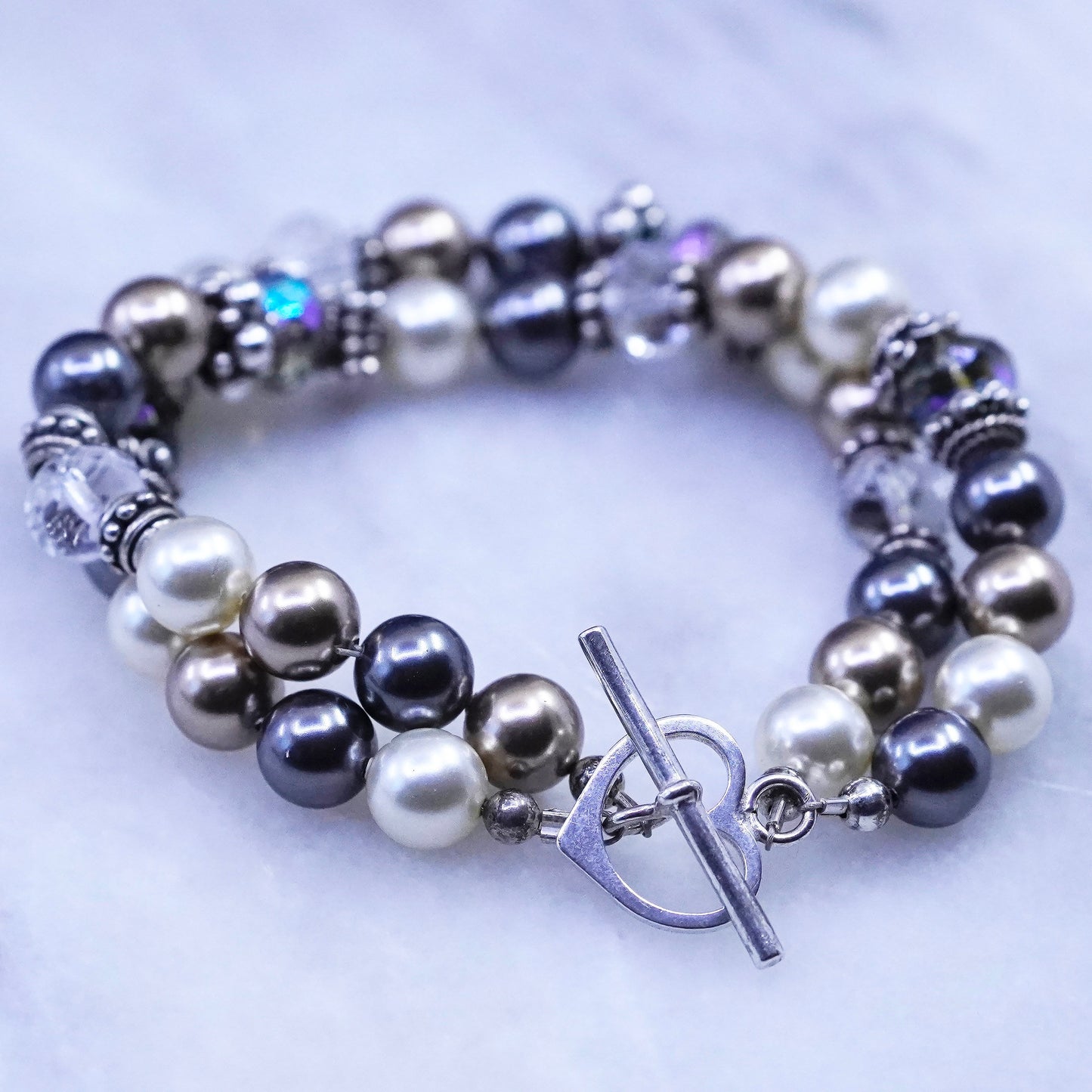 6.5”, vintage sterling 925 silver handmade bracelet, genuine pearl beads heart
