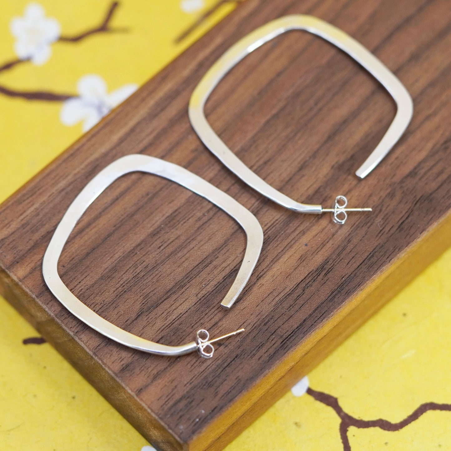 1.5”, 925 sterling silver earrings, hammered square hoops 14K yellow gold posts