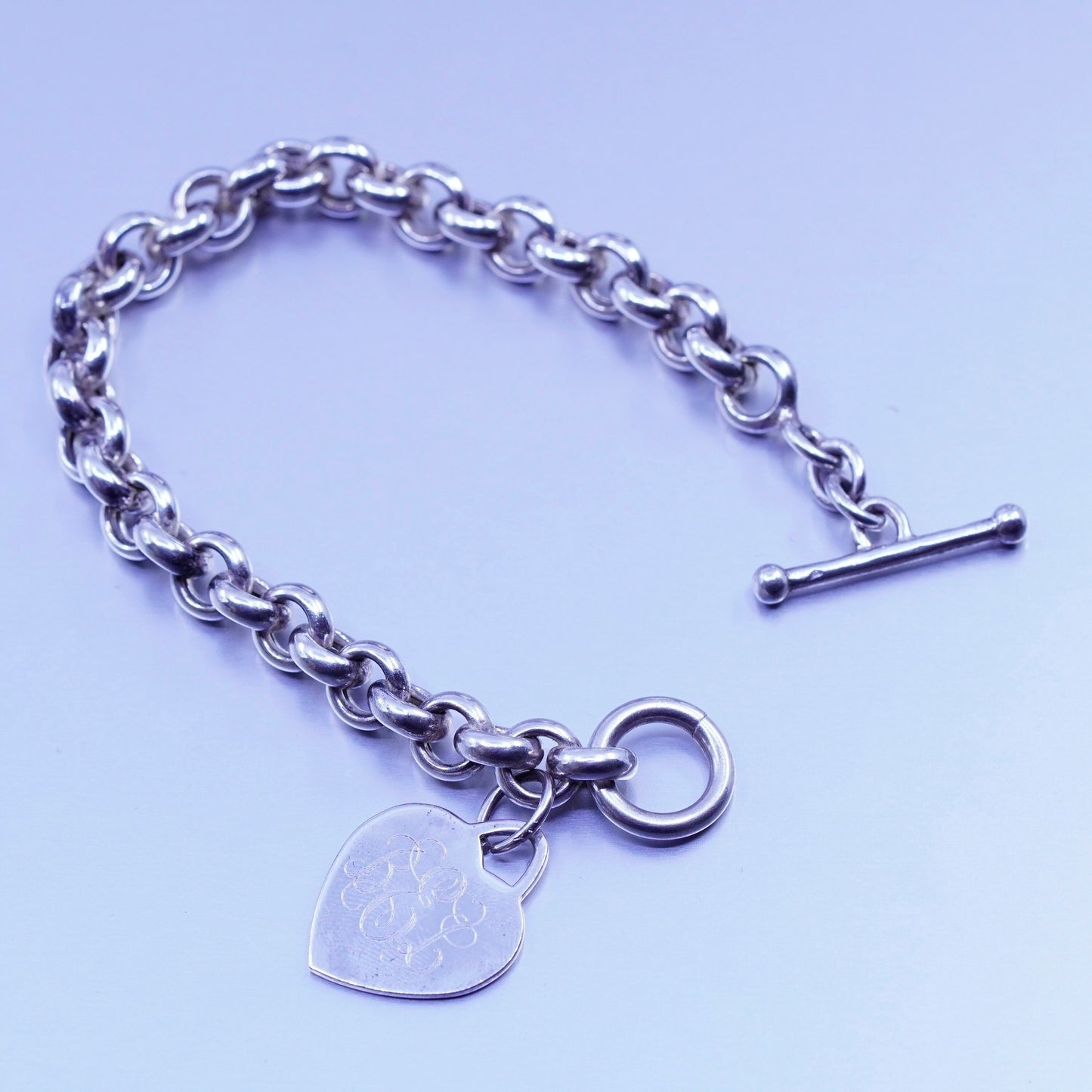 6.5”, Sterling silver bracelet 925 bold circle chain monogram “BEL” heart charm