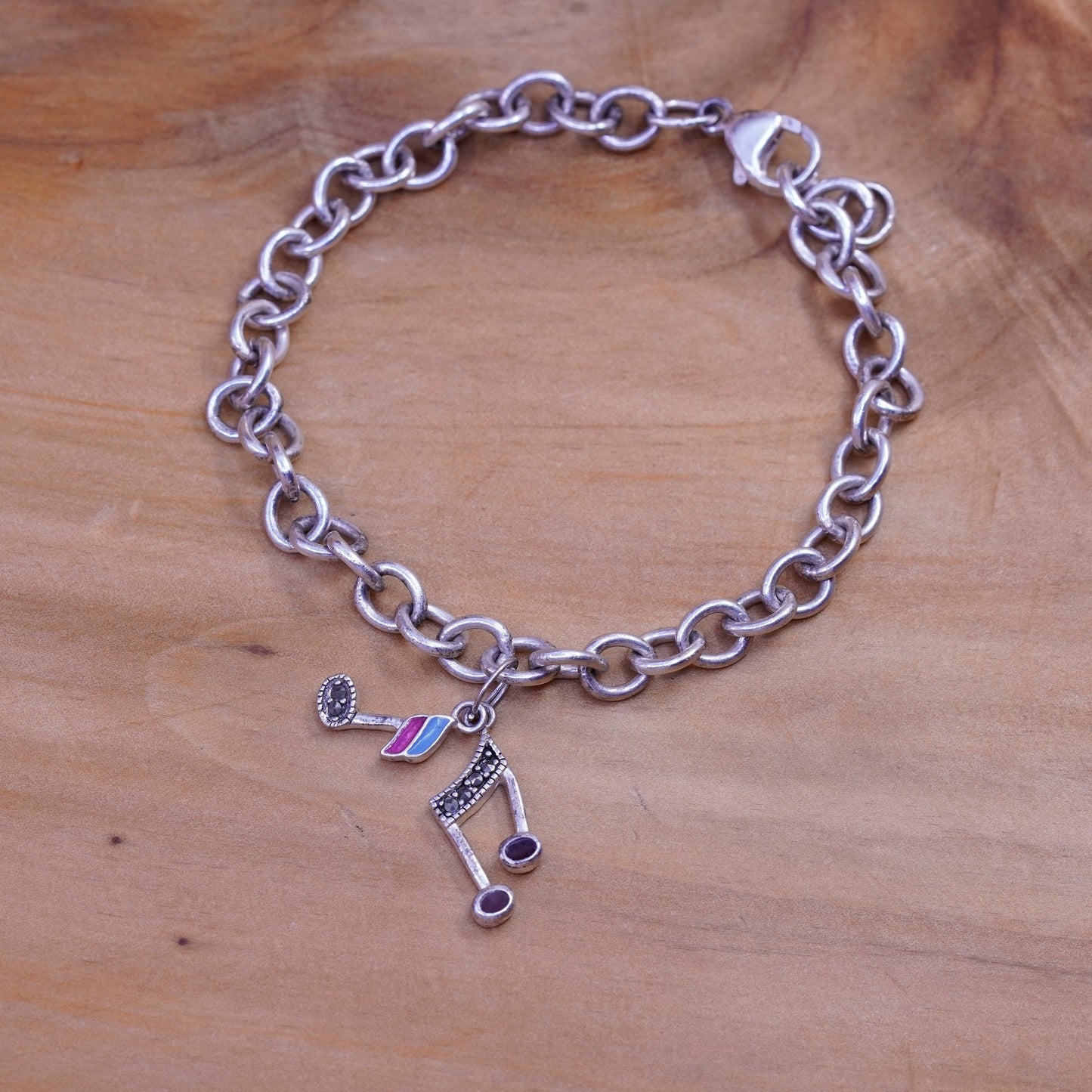 7”, vtg Sterling silver handmade bracelet, 925 circle chain music symbol charm