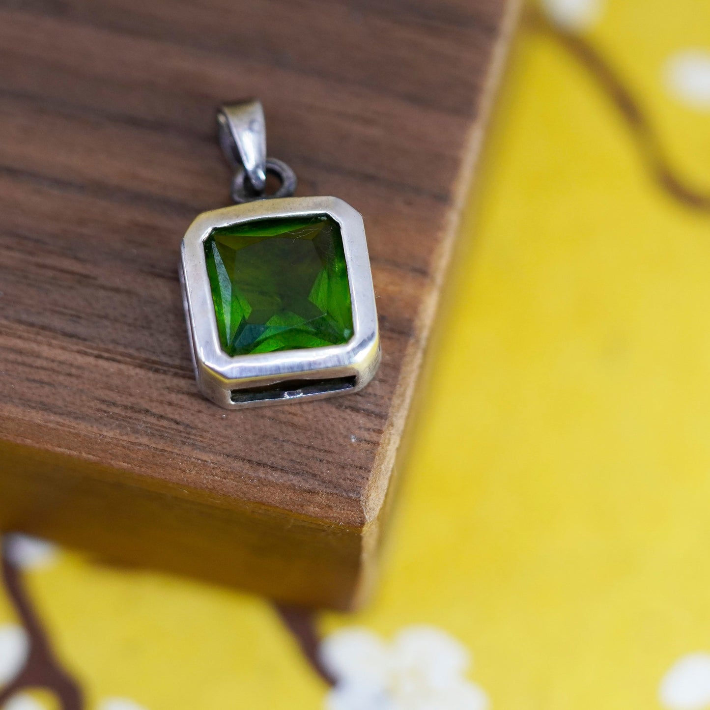 Vintage Sterling silver handmade pendant, 925 square with green crystal