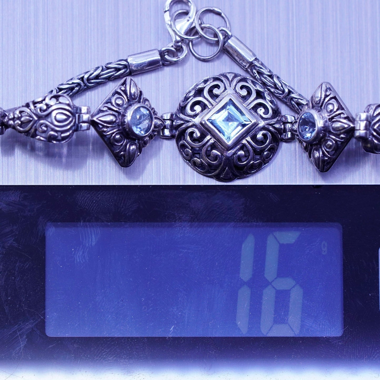 7.25”, Vintage NF Sterling 925 silver handmade bracelet, Bali chain with topaz