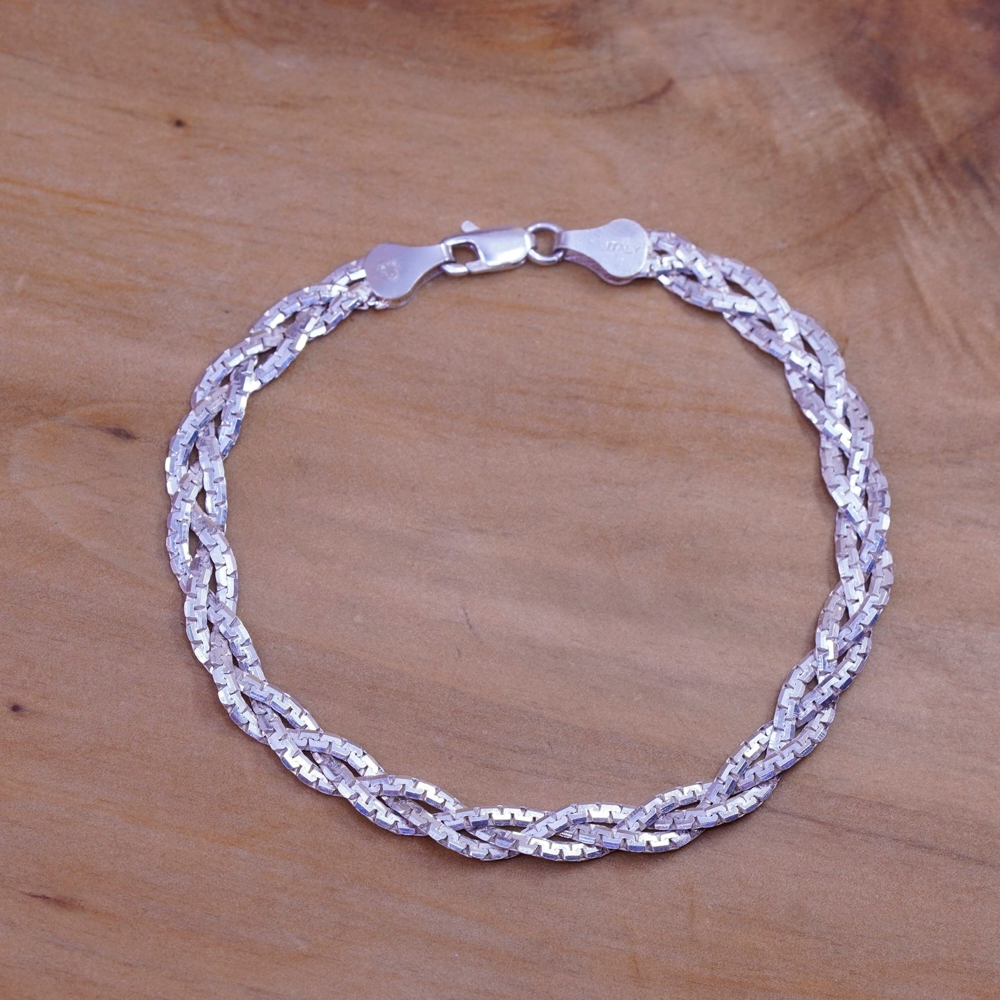 7.25”, Sterling silver braided woven herringbone bracelet 3 strand 925 bracelet