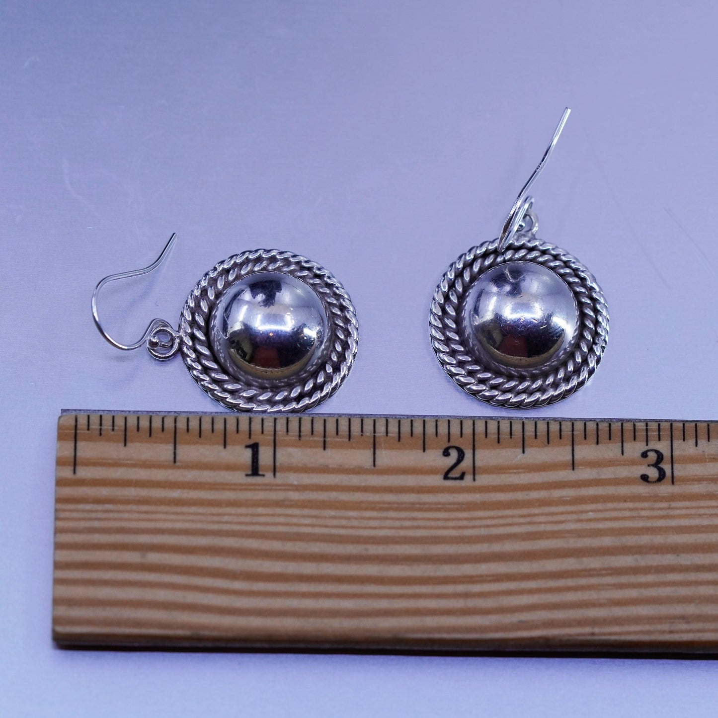 vintage Sterling silver handmade earrings, 925 disc dangles with cable around