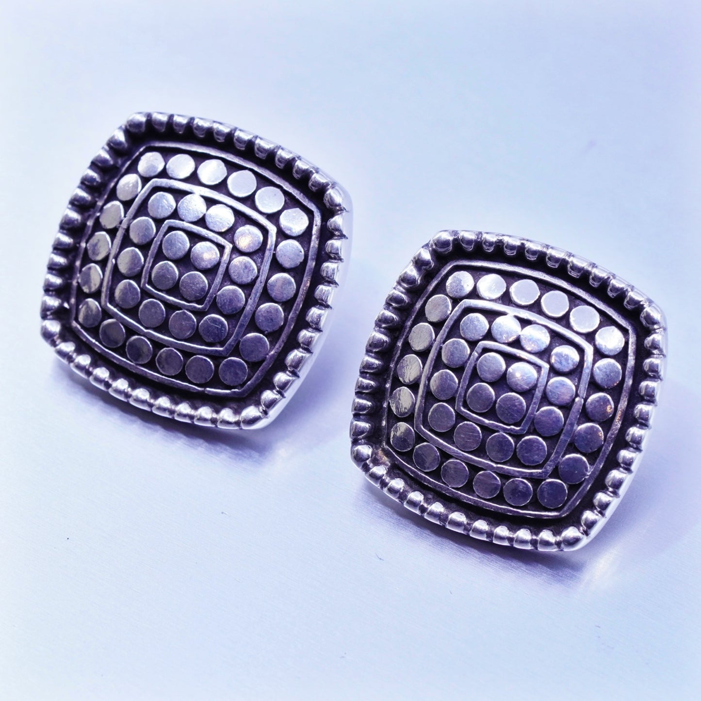 0.75”, Vintage Sterling 925 silver handmade earrings, square bead studs