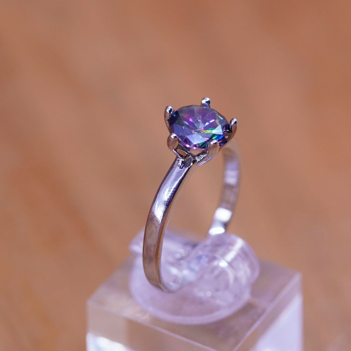 Size 9, vintage Sterling 925 silver engagement ring with rainbow topaz