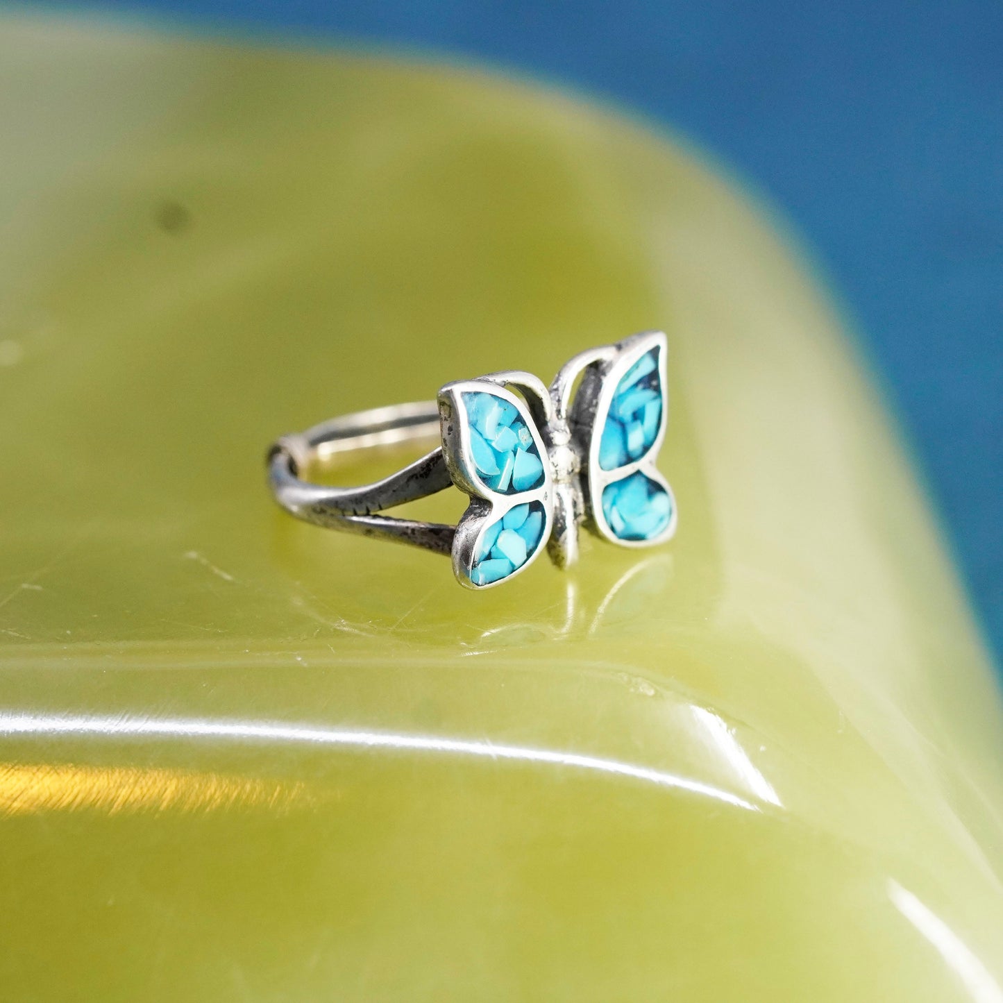 Size 2.75, Native American sterling silver pinky ring, 925 butterfly turquoise
