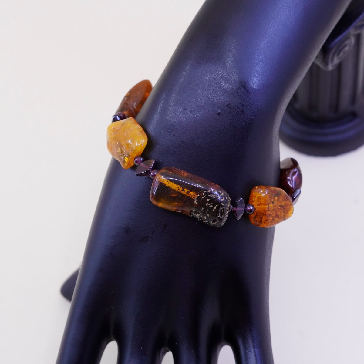 6.5”, Vintage sterling 925 silver handmade bracelet with honey amber nugget