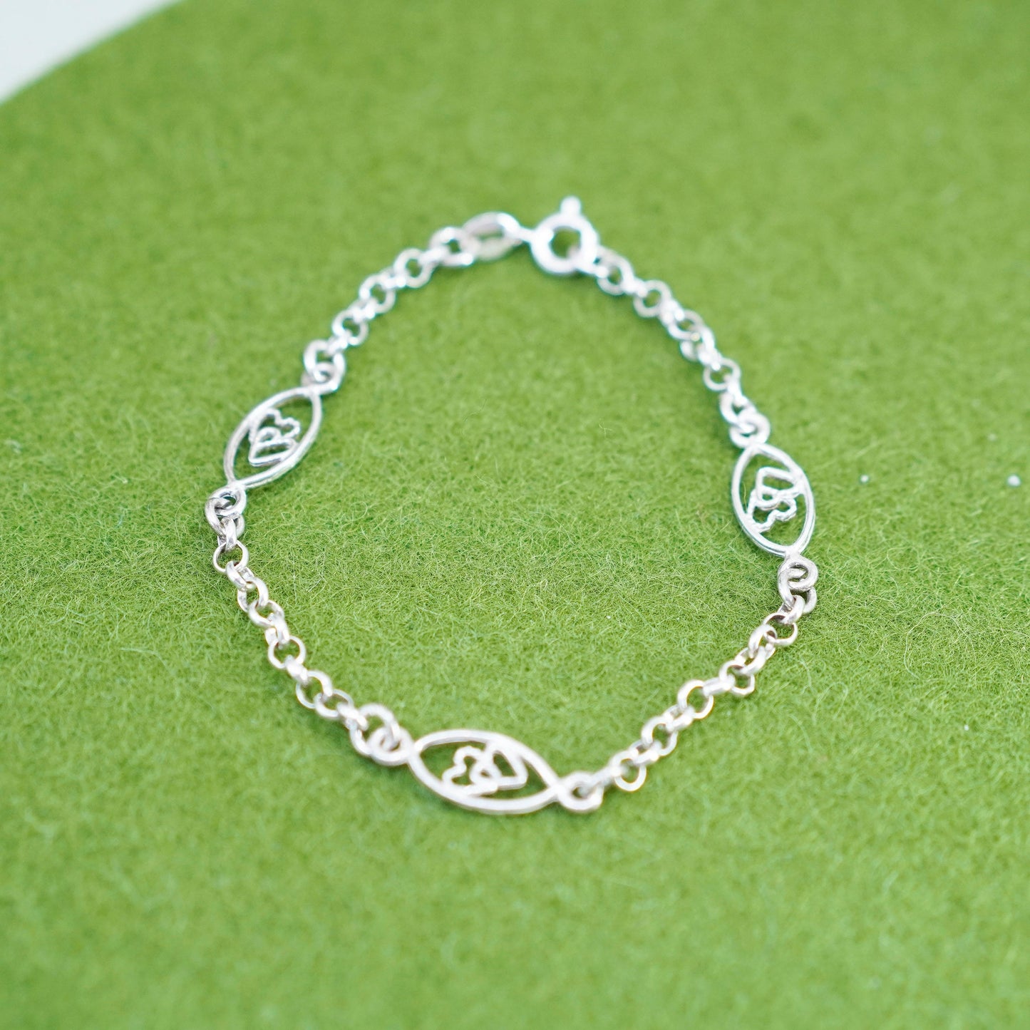 7”, 2mm, Vintage sterling 925 silver circle link charm bracelet