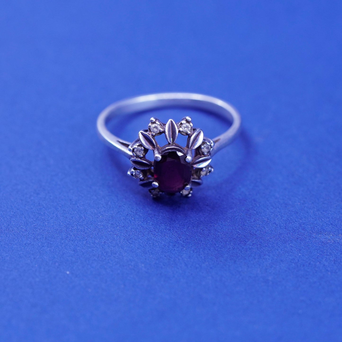 Size 10.75, vintage Sterling 925 silver handmade flower ring with Ruby and cz