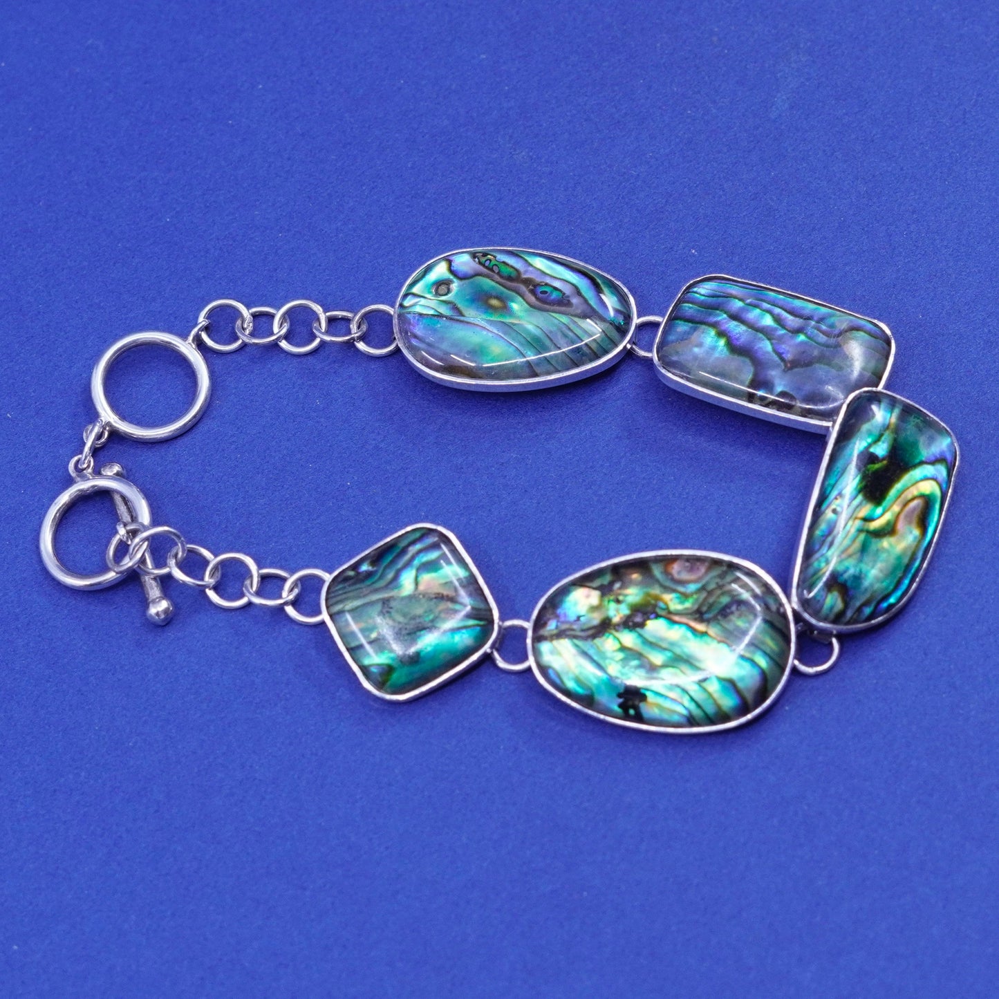 6.75+1”, vintage sterling 925 silver handmade bracelet abalone toggle closure