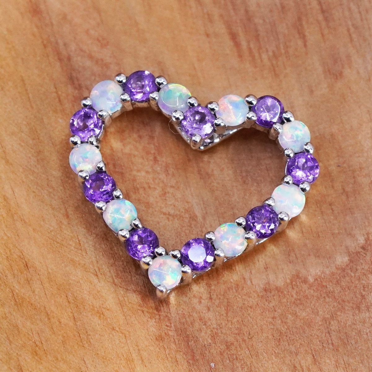 Vintage AJ Sterling silver handmade pendant, 925 heart with opal and amethyst