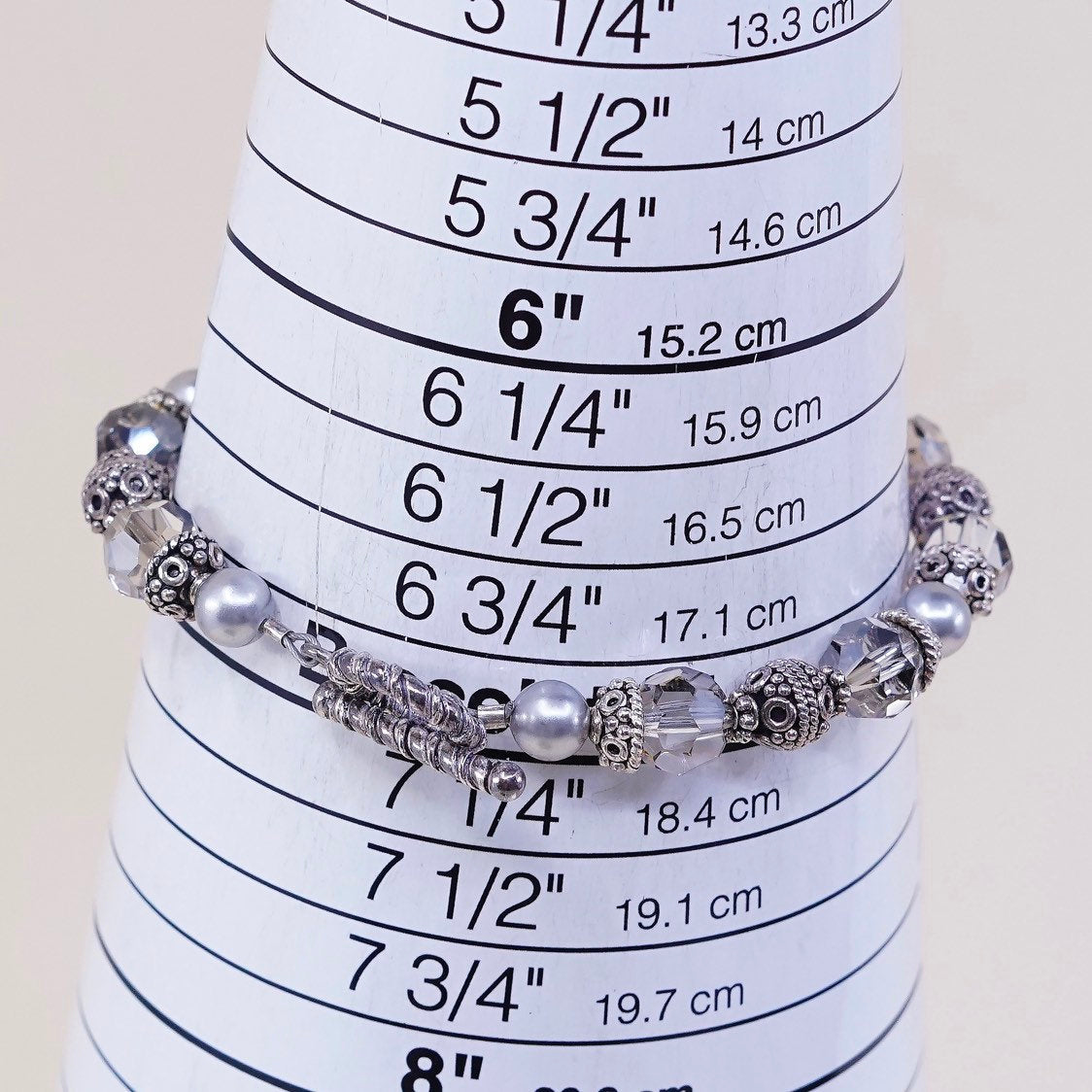 7", Sterling silver handmade bracelet 925 beads w crystal pearl N prayer locket