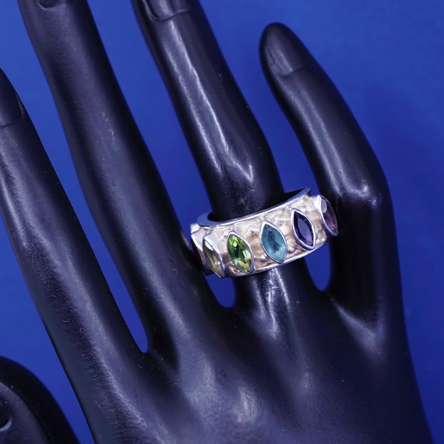 sz 8, Sterling silver ring, 925 cocktail band with peridot ruby topaz amethyst