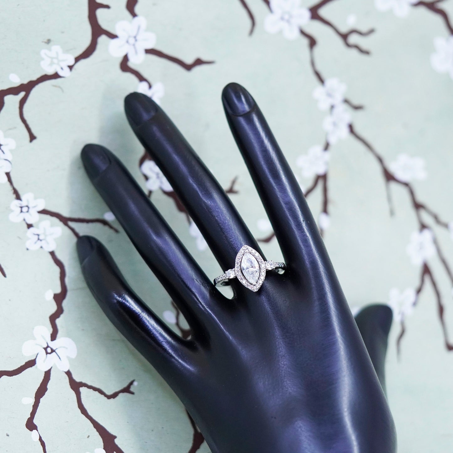 Size 10.5, 925 Sterling silver ring with Marquise cut crystal and CZ cluster