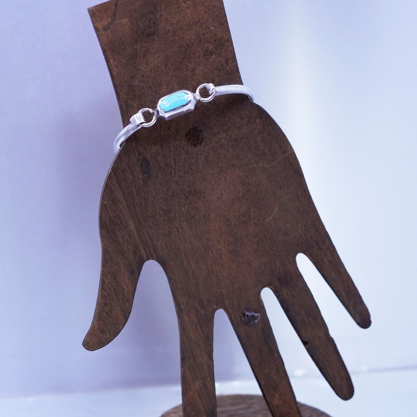 7”, Mexico Sterling 925 silver handmade bracelet, hinged bangle with turquoise
