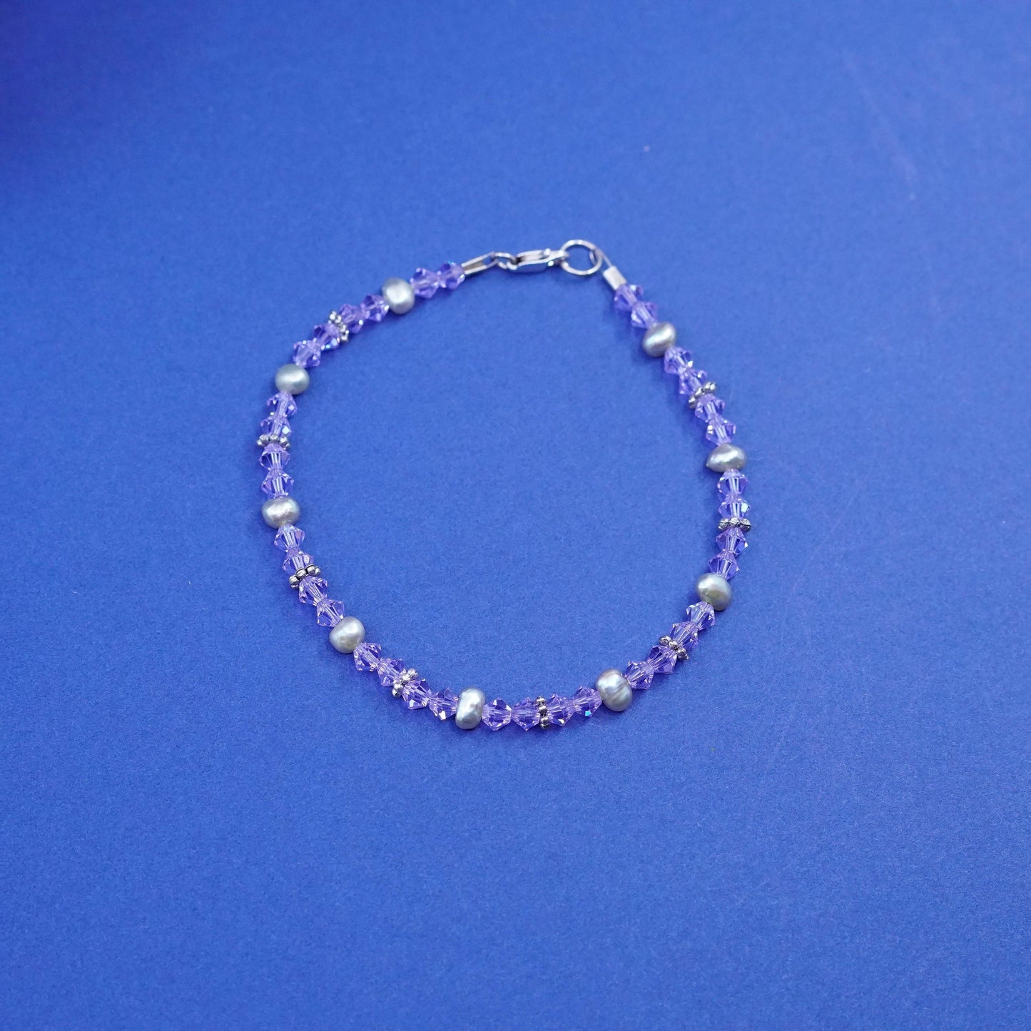 7.25”, vintage sterling 925 silver handmade bracelet with purple crystal beads