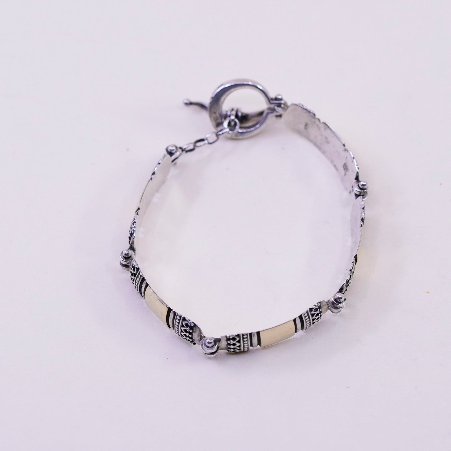 6.75”, 14K gold accent w/ sterling silver handmade bracelet, 925 bar chain bail