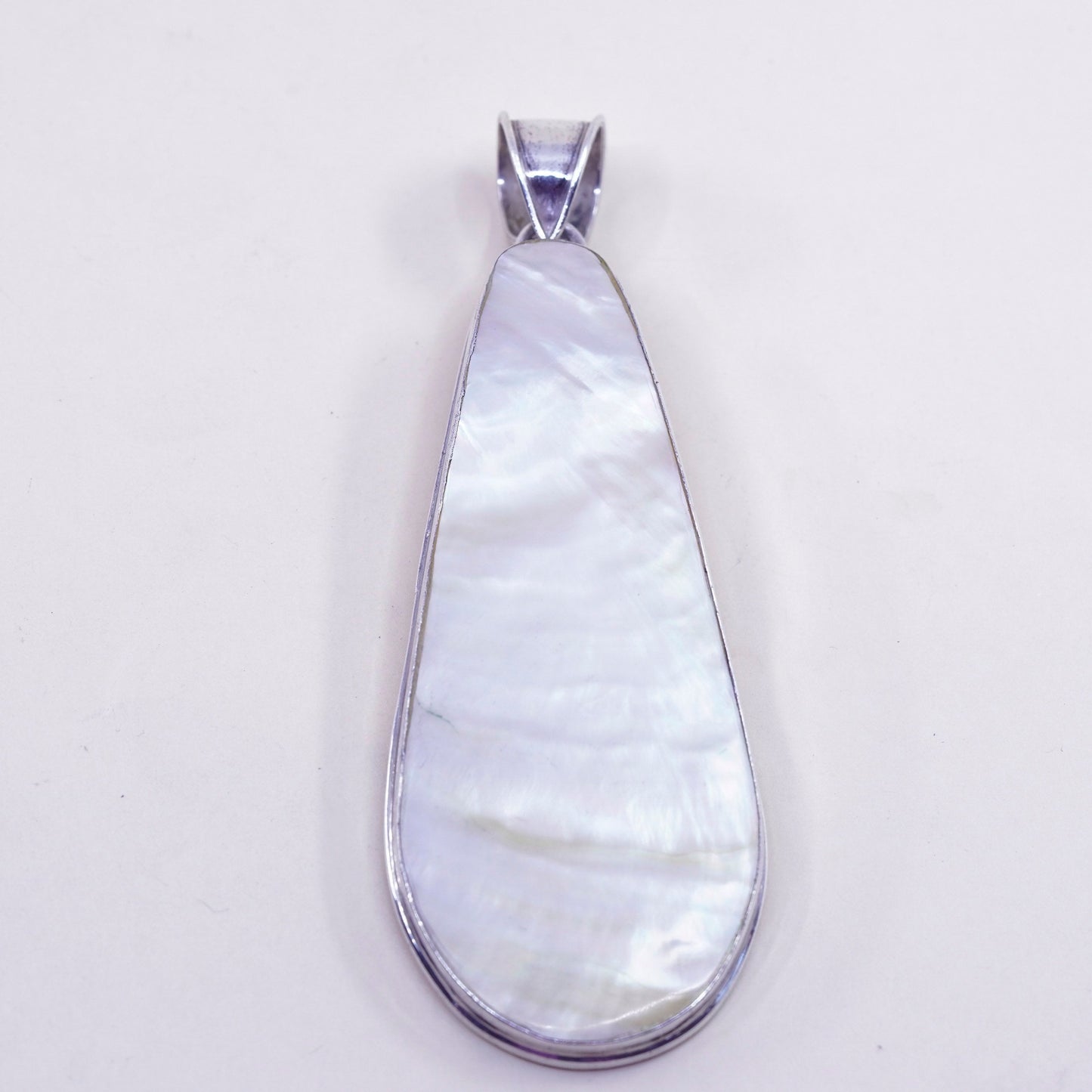 Vintage sterling silver handmade pendant, huge 925 teardrop mother of pearl