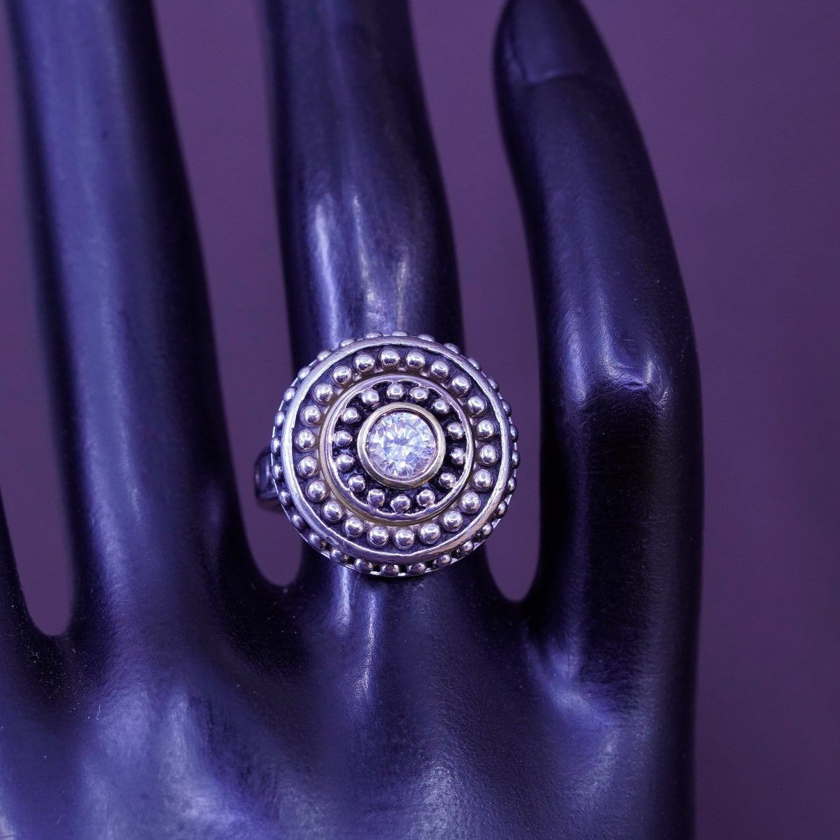 Size 5.75, vintage Kameleon sterling 925 silver handmade ring with cz and beads