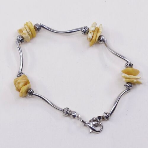 7.25”, Vtg Sterling 925 Silver Handmade Wavy Bar Bracelet W/ Amber Bead