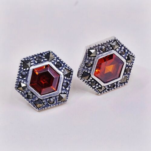 Vtg Sterling Silver Handmade Earrings, 925 Silver Studs W/ Marcasite N Ruby