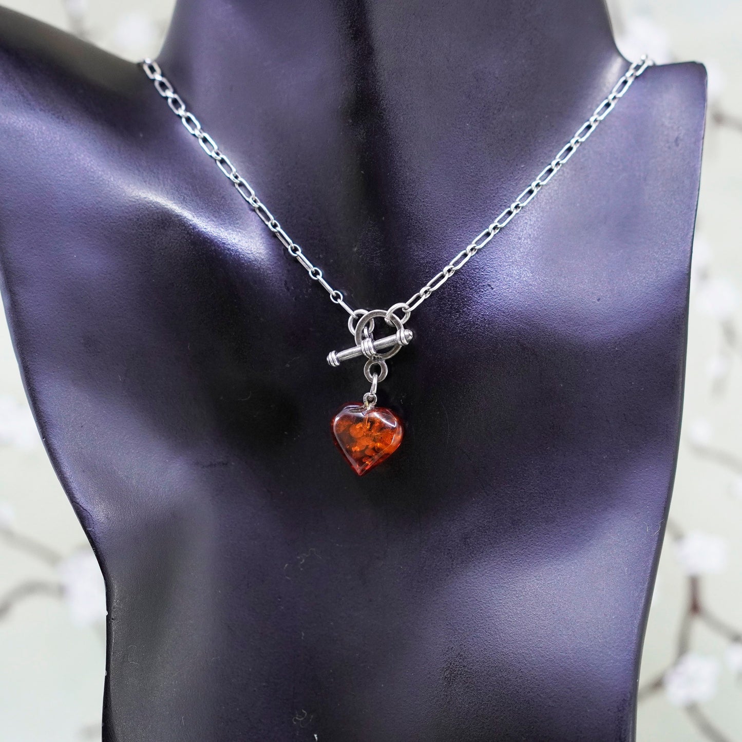 15”, Sterling 925 silver handmade elongated chain necklace amber heart pendant