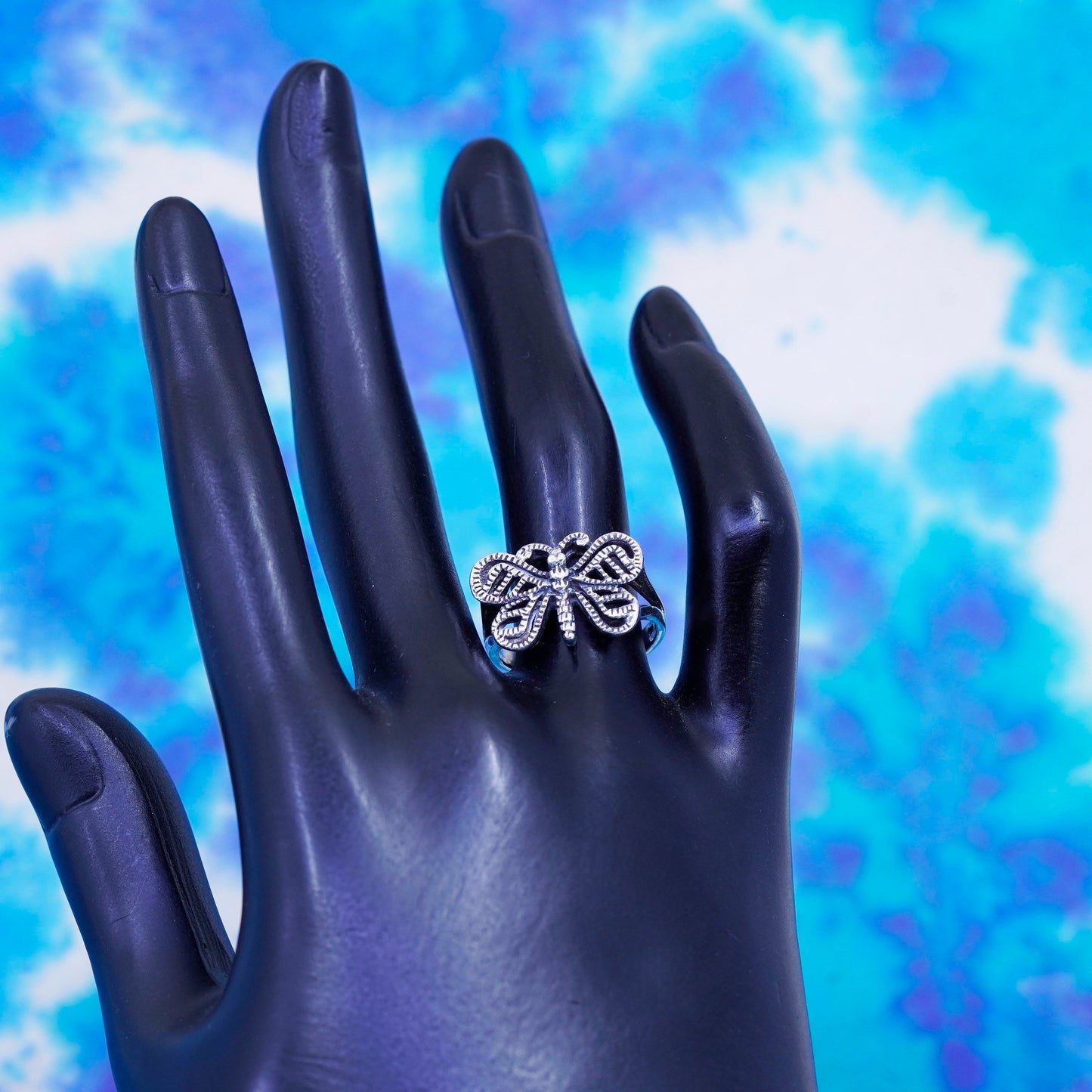Size 7, vintage sterling silver handmade ring, 925 filigree butterfly band