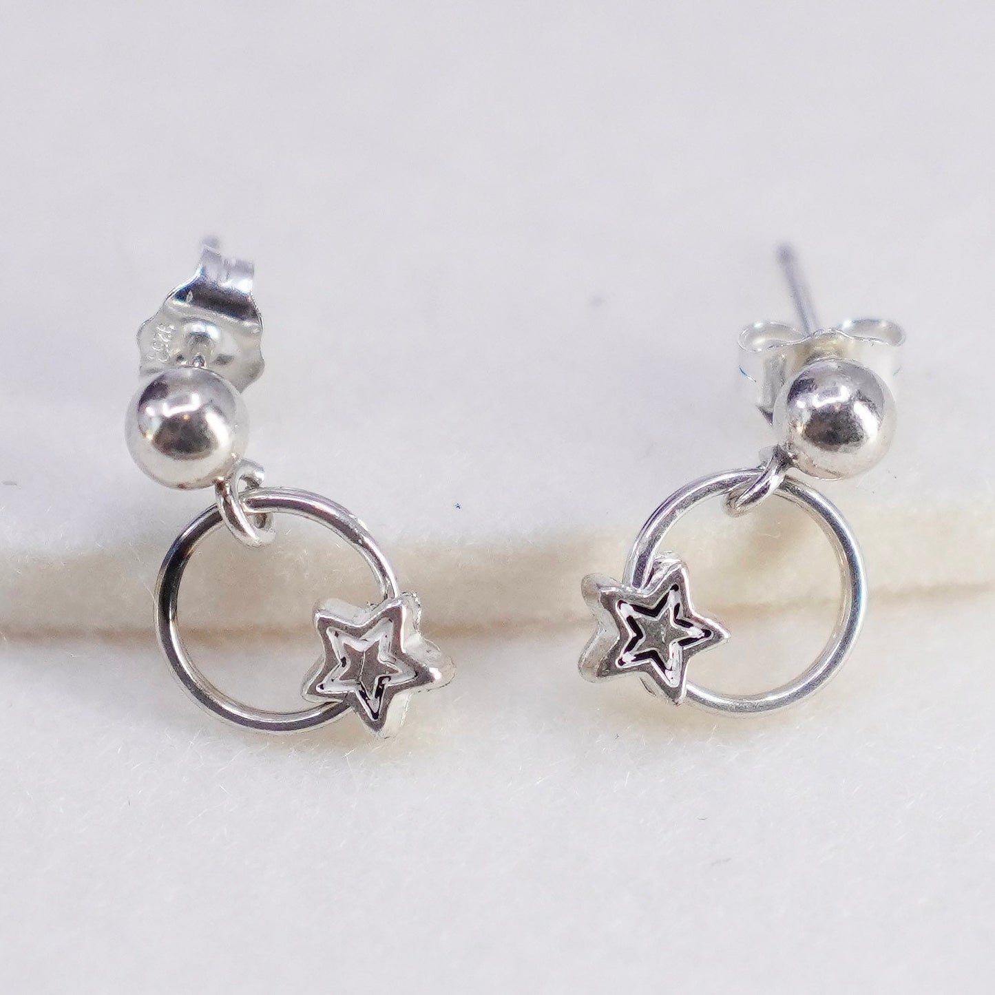 Vintage sterling 925 silver handmade earrings, studs with star dangles