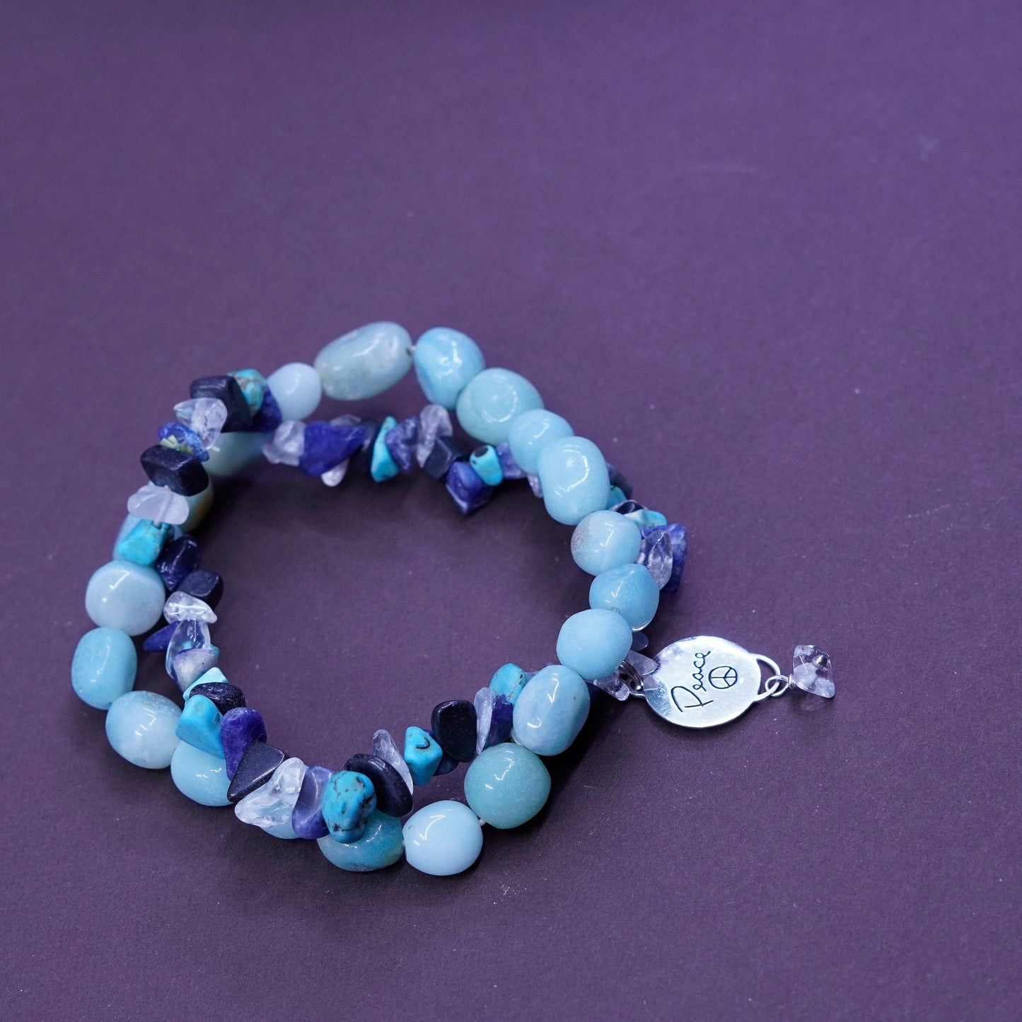 6.5”, jade turquoise beads bracelet with sterling 925 silver CND peace charm.