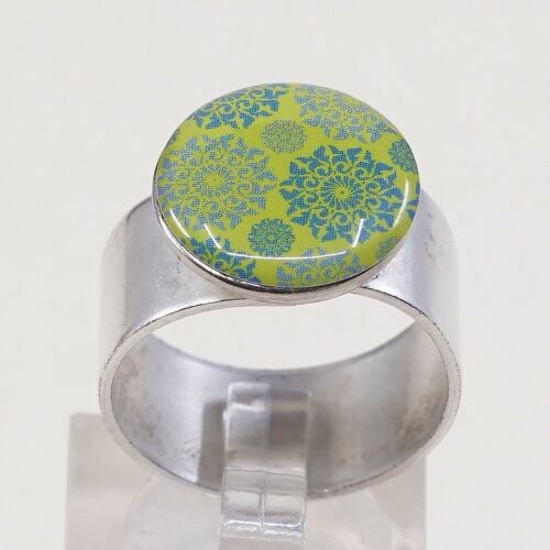 Sz 8, Vtg Sterling Silver Handmade Ring, Mexico 925 Band W/ Round Resin