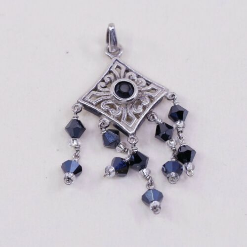 Vtg Handmade Sterling Silver Pendant, 925 Filigree Cross W/ Obsidian N Fringe