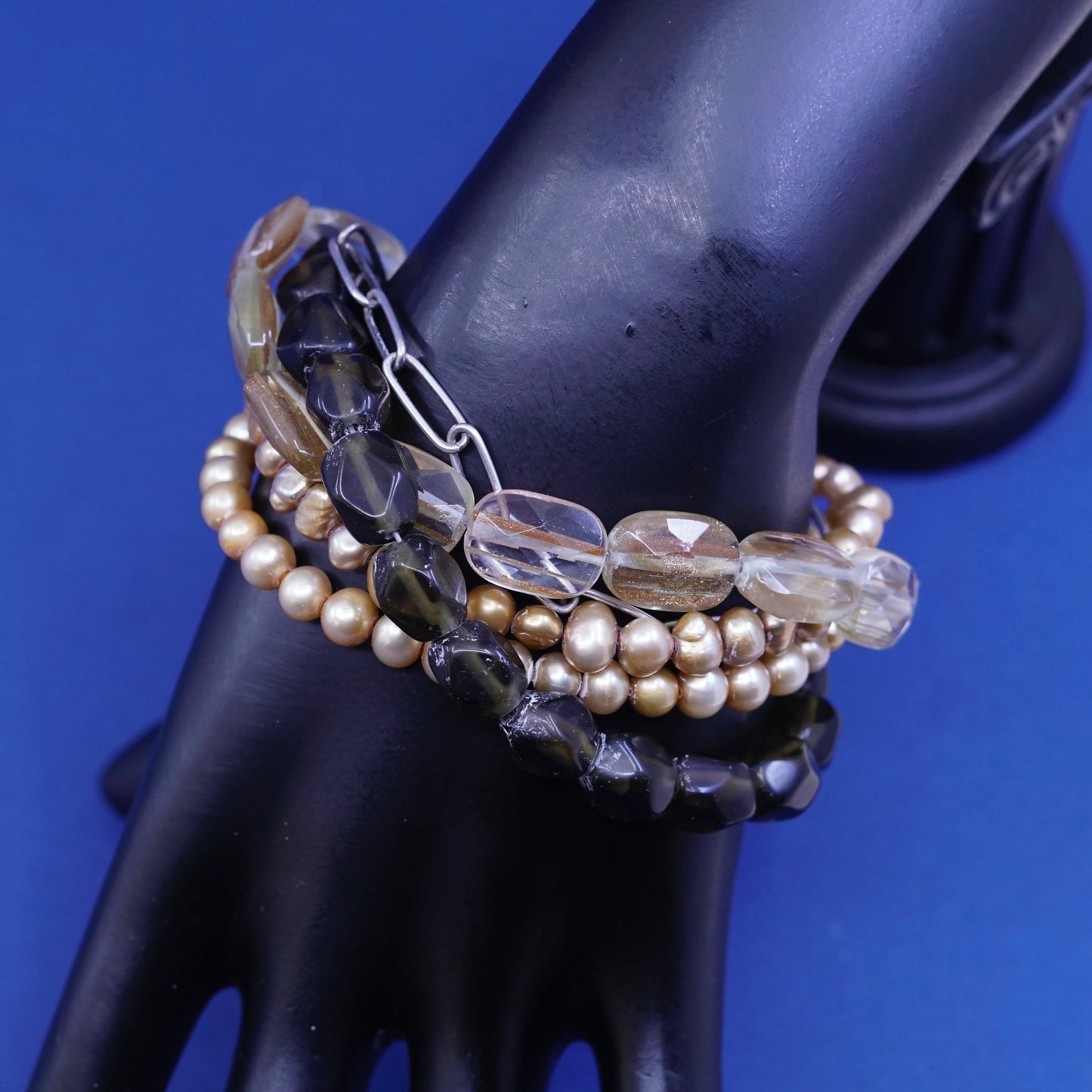 6.5”, Silpada Sterling 925 Silver Bracelet Smoky Quartz Pearls Sunstone