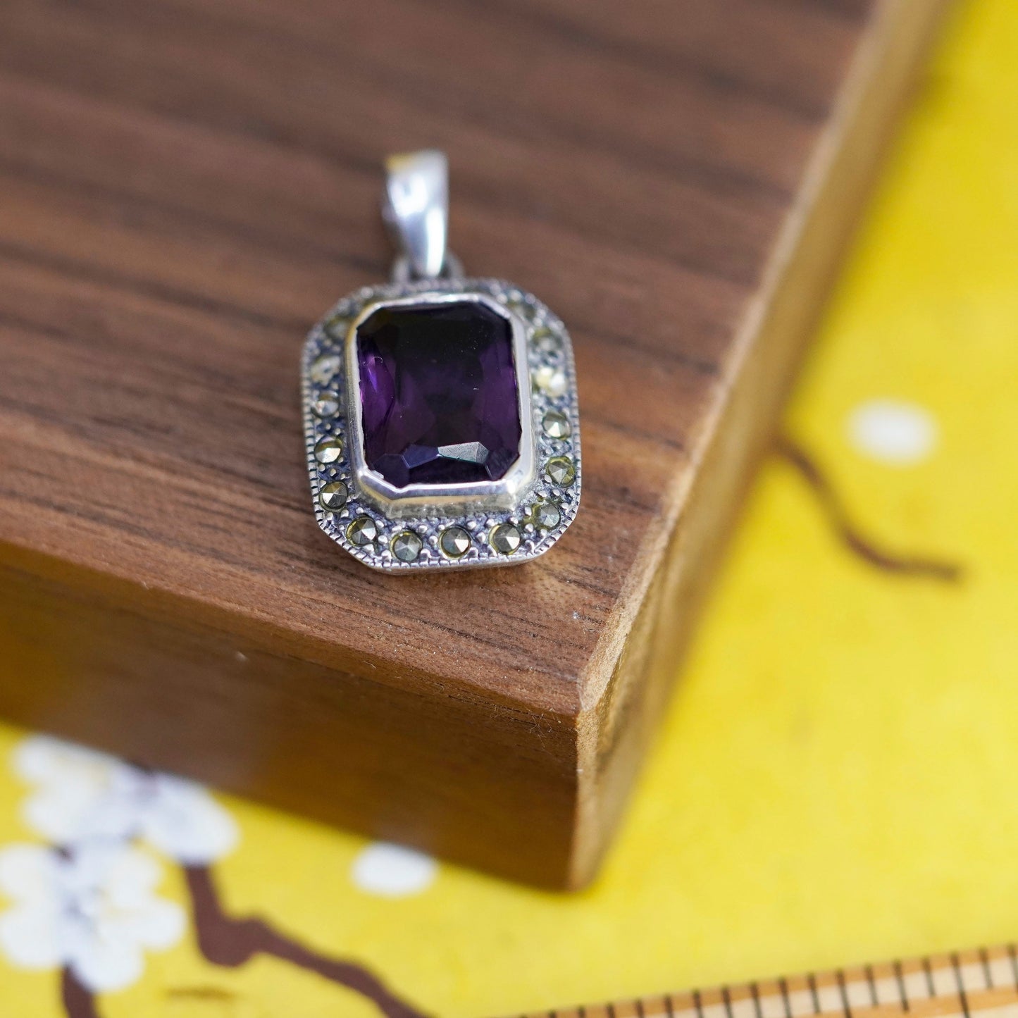 Sterling silver handmade pendant, 925 rectangular with amethyst and marcasite