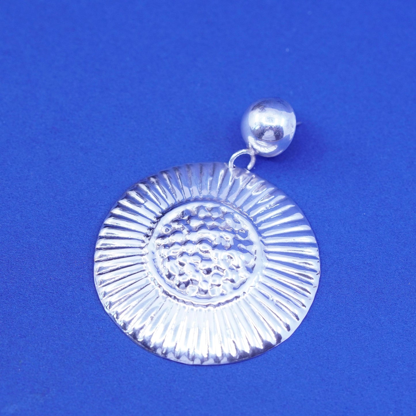 Vintage Sterling Silver handmade Earrings. Huge 925 ribbed circle disc