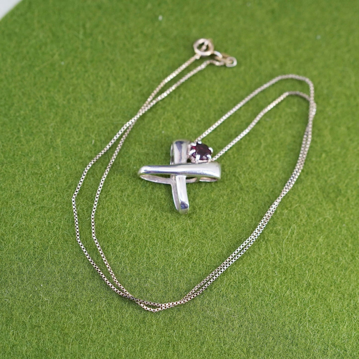 19”, sterling silver handmade necklace, 925 box chain with ruby cross pendant