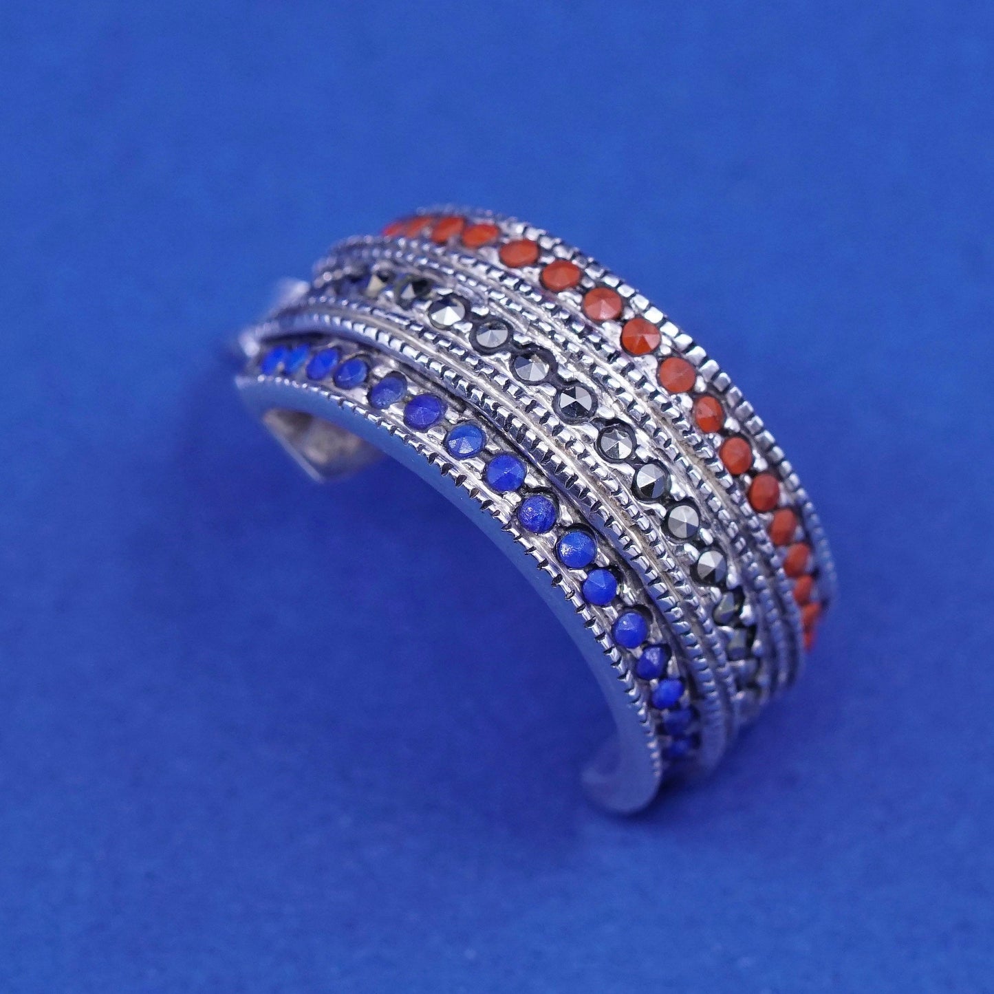 0.75”, Sterling silver earrings, 925 Huggie hoops w/ marcasite ruby Sapphire