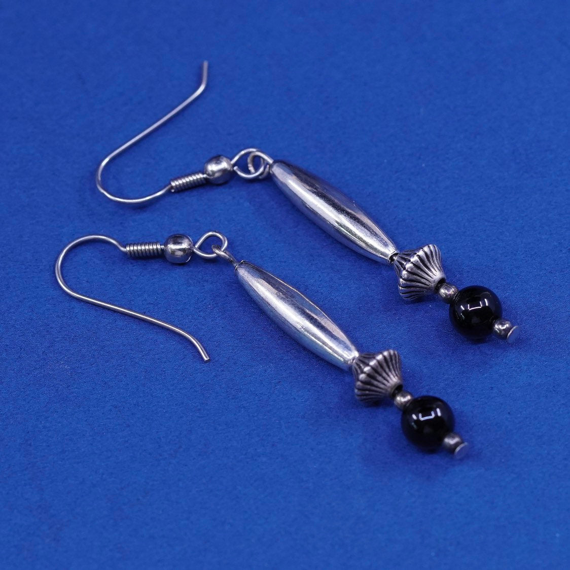 Silver Tone handmade earrings with obsidian beads dangle