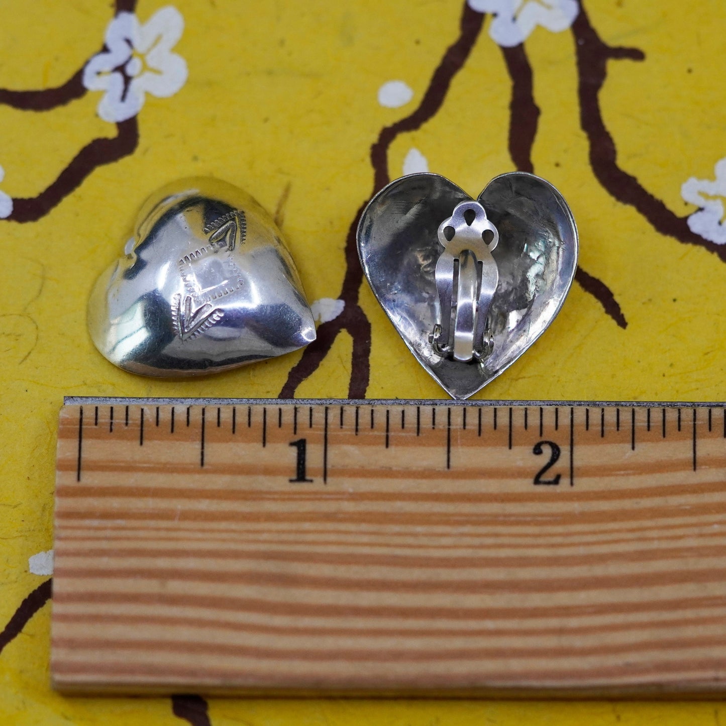 Native American Sterling silver handmade clip on, 925 heart earrings