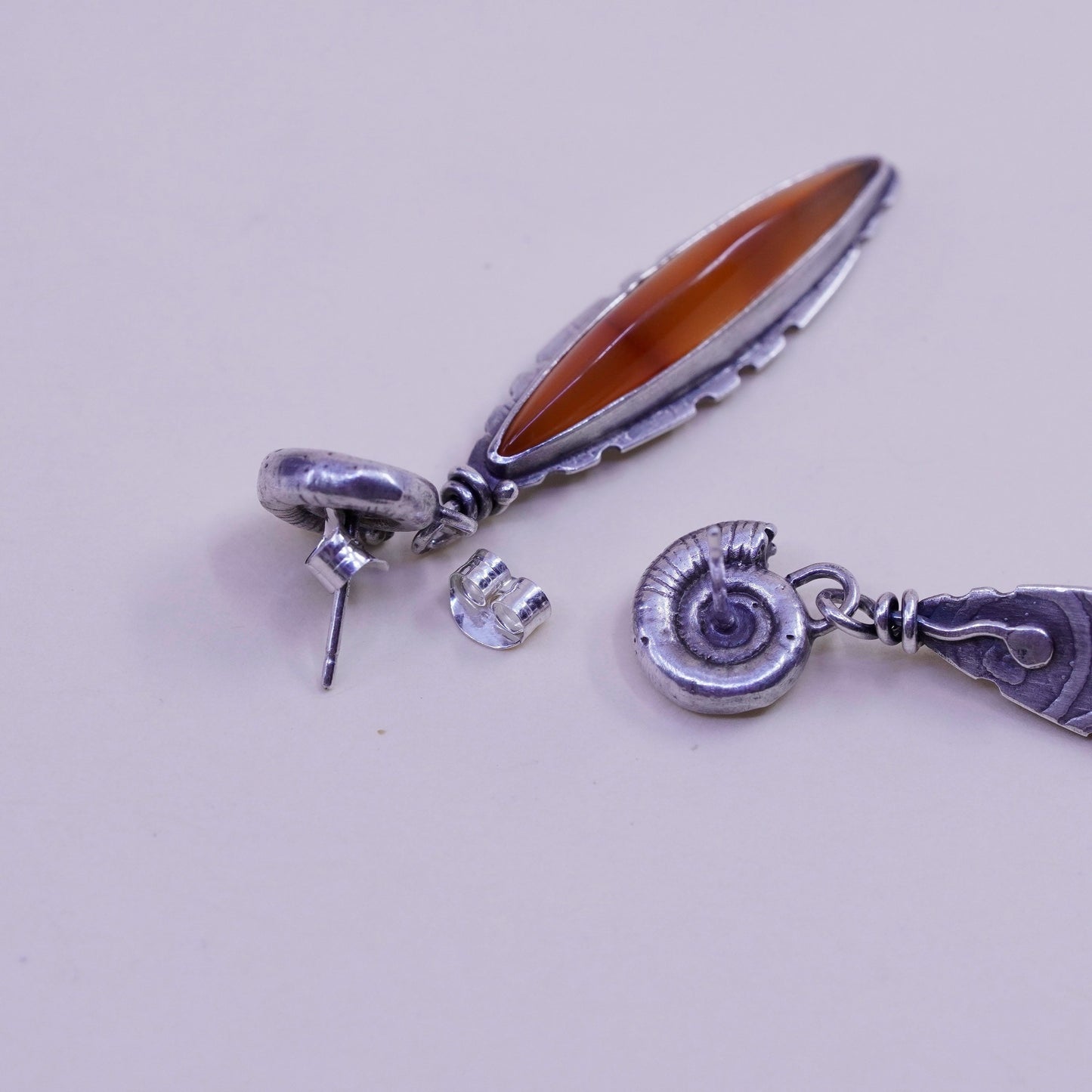 Vintage sterling 925 silver handmade shell earrings with Marquise honey Amber