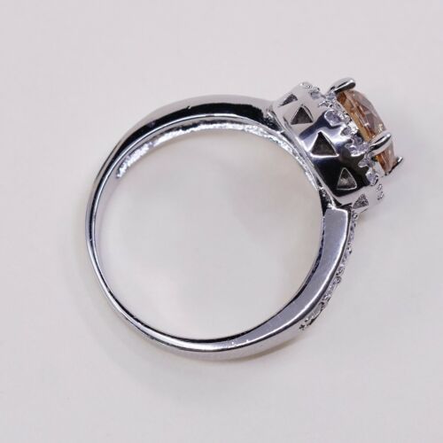 Sz 7.25, Vtg Sterling Silver Ring, 925 Silver Engagement Ring W/ Orange Crystal