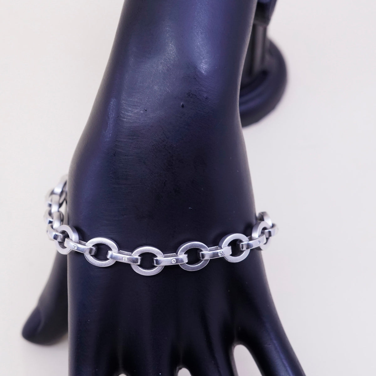 7.25”, vtg sterling silver handmade bracelet, matted 925 oval chain w/ diamond