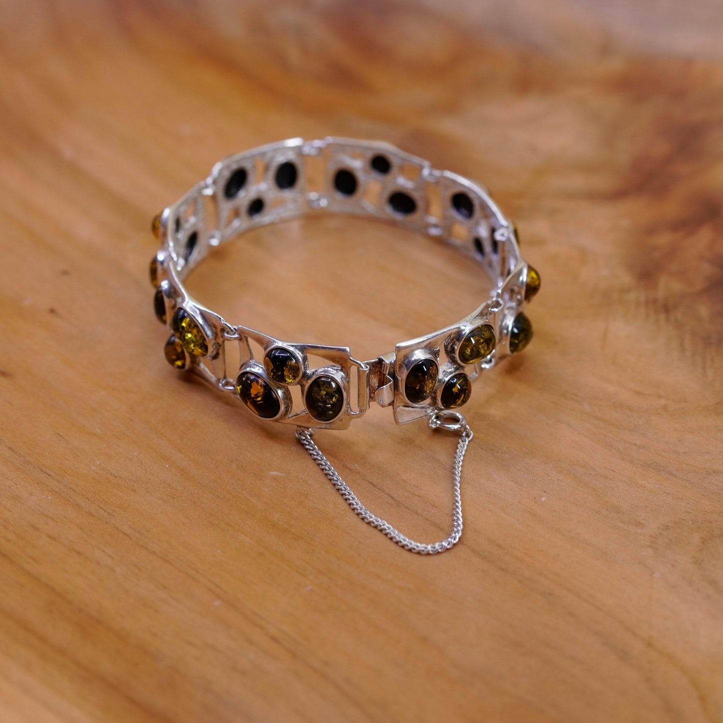 7”, vintage Sterling 925 silver handmade wide bracelet with Amber