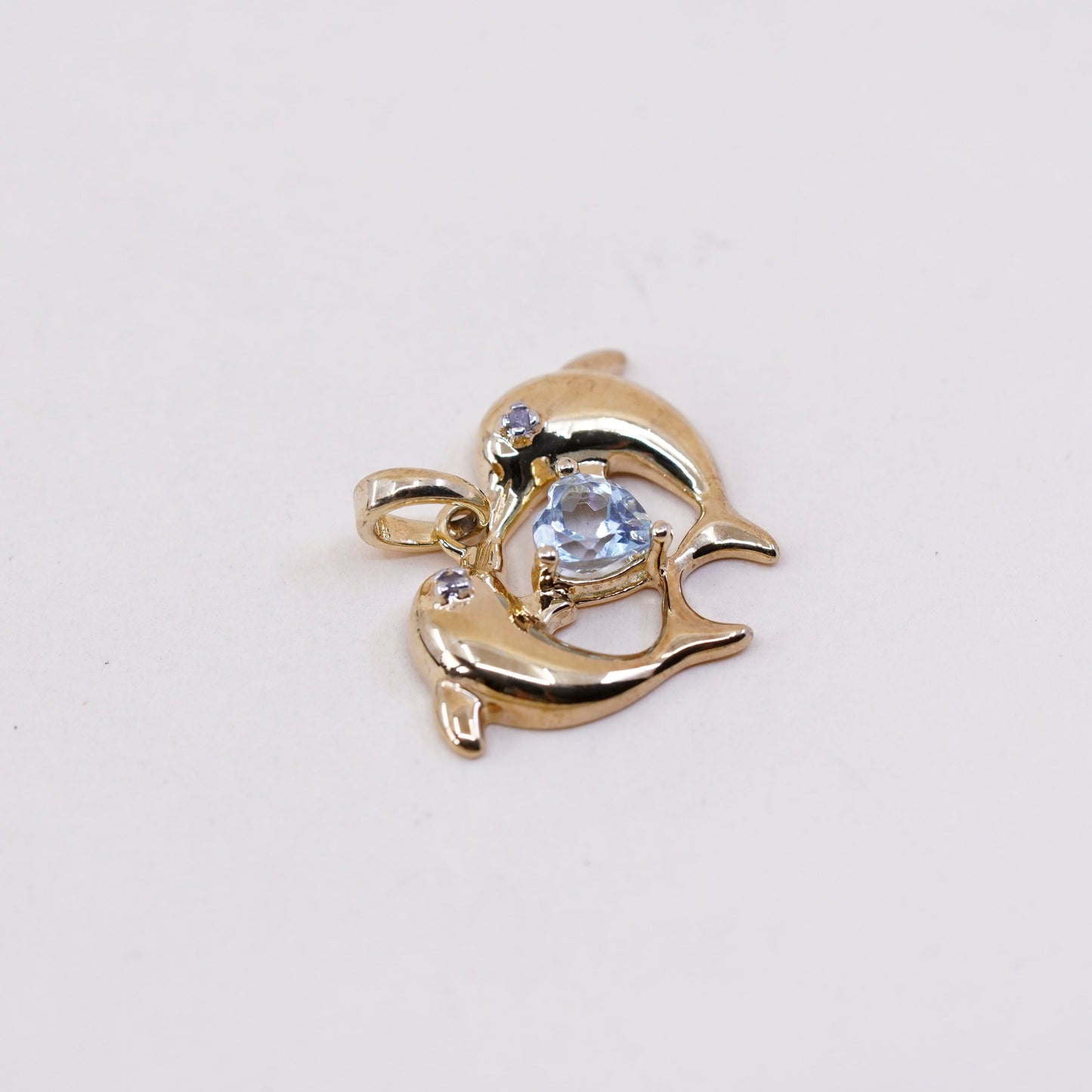 vermeil gold over sterling silver handmade pendant, 925 Dolphins w/ heart topaz