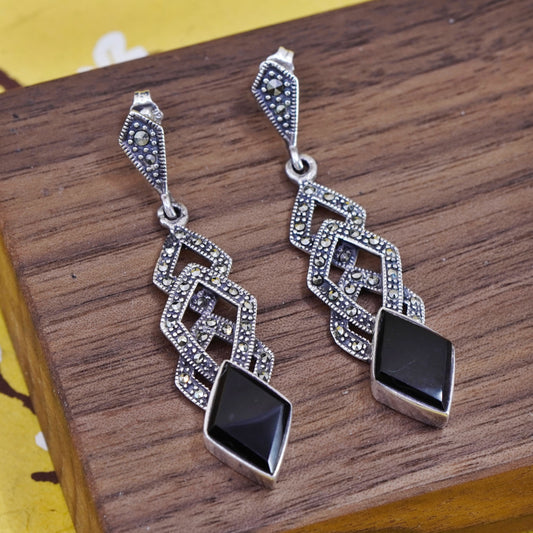 Vintage Sterling 925 silver handmade long earrings with onyx and marcasite
